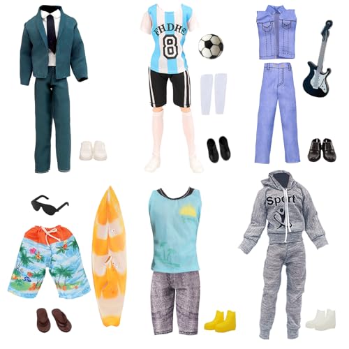 16 Kleidung und Zubehör Kompatibel mit Ken = 6 Oberteile + 6 Hosen + 6 Paar Schuhe + Brillen + Fußball + Trophäen + Surfbrett für 12 Zoll Jungen Puppen von Carreuty