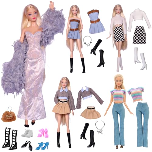 17 Kleidung Set Kompatibel mit Barbie Puppen, 1 Mode Abendkleid Set 1 Denim Röcke 3 Stricktop 2 Röcke 1 Hose 3 Halszubehör 1 Bag 5 Shoes für 11.5 Zoll Puppen Mädchen Geschenk Zufällig von Carreuty