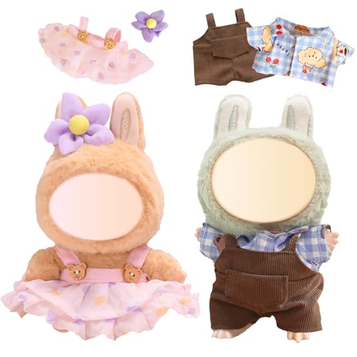 4 Stück 17cm Kleidung Kompatibel mit Labubu Puppen, 2 Satz Monster Puppe Kleid Zubehör mit Hemden Riemen Hosen Rock Haar Clips, Jungen und Mädchen (Puppe) von Carreuty