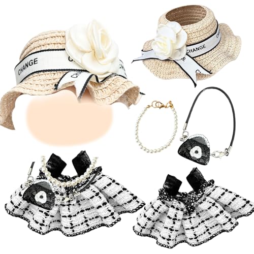 17cm Puppe Kleidung Elegant Puppenkleidung Zubehör Set mit 1 Klassischem Check Kleid 1 Strohstoff Hut 1 Halskette, 1 Blumentasche für Mädchen Geburtstags, Ohne Puppe von Carreuty