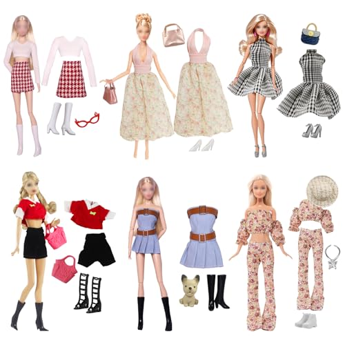 20 Chill Puppen Kleidung Mädchen Puppe Stilvolles Kleider Kompatibel mit Barbie, Partykleid Prinzessin Stil Outfit Hahnentrittrock Puppenkleidung und Hosen mit Schuhe Zubehör für 11.5 Zoll Puppen von Carreuty