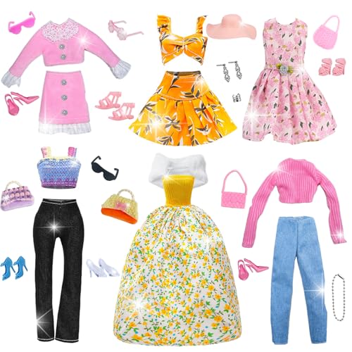 27 Stück Puppen Kleidung und Zubehör Kompatibel mit Barbie, 2 Röcke 2 Lange Ärmel 1 Bustierkleid 2 Lange Hosen 1 Hosenträger 1 Badeanzug 6 Schuhe 12 Accessoires für 11,5 Zoll Puppe Mädchen Geschenk von Carreuty