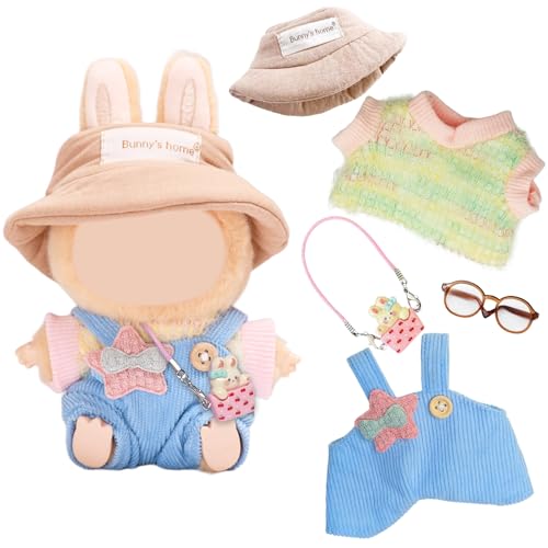 3 Stück Kleidung und Zubehör, kompatibel mit Labubu 17 cm Plüschpuppen, inklusive T-Shirt, Hut, Brille, Hasen-Anhänger, Premium-stilvolle Puppenkleidung, Ersatzgeschenk für Mädchen (keine Puppe), bunt von Carreuty