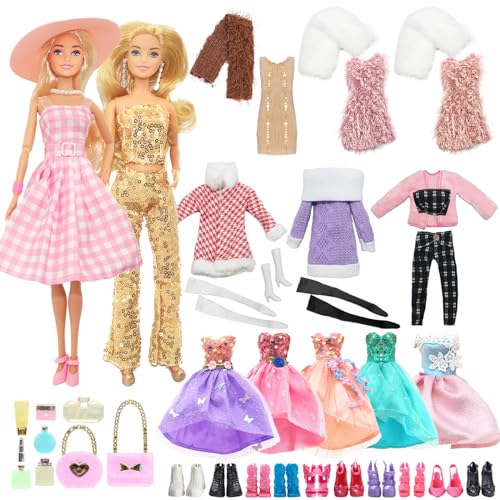 36 Kleidung für Puppen, Rosa Kariertes Kleid mit Hut Goldfarbenes Pailletten Top Hosen Set Winterpullover Kurze Kleider mit Schal 2 Kleider Schuhe Handtaschen Schmuck Zubehör für 11,5 Zoll Puppen von Carreuty