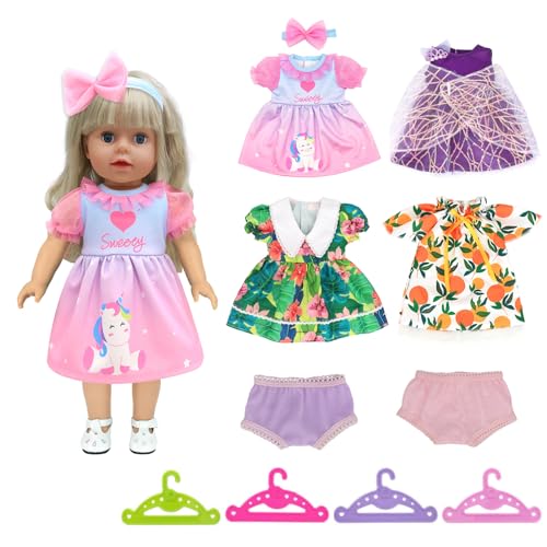 4 Pack Baby Kleidung für 35-43 cm Puppen, Puppenkleidung inklusive 4 Kleiderbügel 2 Unterhosen für New Baby Puppen, 43cm Süßes Babypuppenkleid von Carreuty