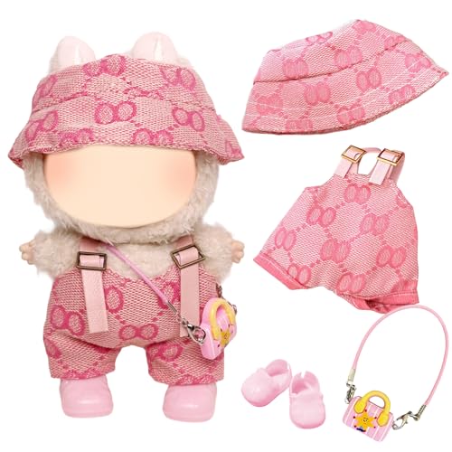 4 Pcs Puppe Kleidung Kompatibel mit Labubu 17cm Puppen, Rosa Puppe Outfit Zubehör-Sets enthalten 1 Lätzchen Hosen 1 Anhänger 1 Hüte1 Schuhe Mädchen Puppe von Carreuty