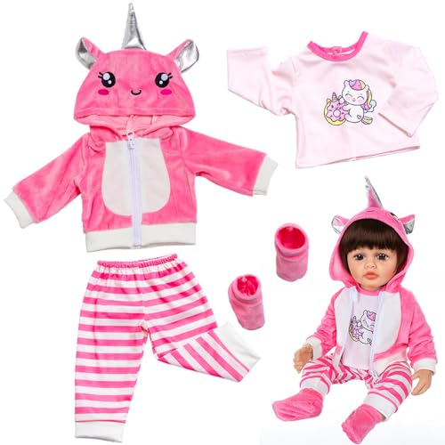 4 Stück Kleidung Outfits für 18-22 Zoll Baby Puppen Puppenkleidung 45-55 cm Kleidung Enthalten 1 Rosa Kapuzenjacke 1 Pferd-T-Shirt 1 Gestreifte Hose 1 Paar Rosa Socken Geburtstagsgeschenk für Mädchen von Carreuty