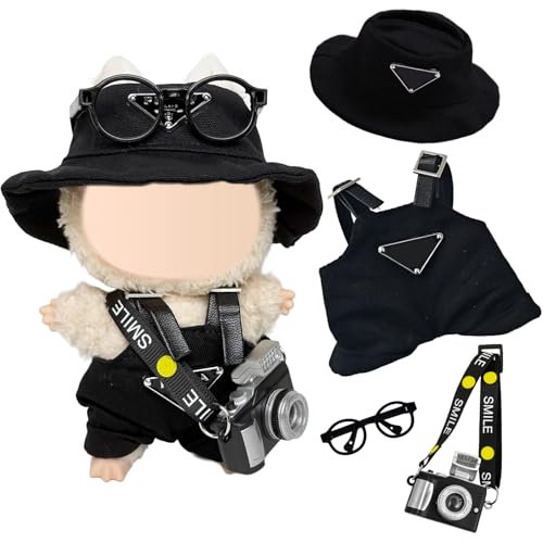 Kleidung Kompatibel mit Labubu Puppen, Overall mit verstellbaren Trägern Mütze Brille Alte Kamera für die 17 cm Mini Plüschpuppe, Nicht im Lieferumfang Enthalten Schwarz Kleidung Kompatibel mit Labubu Puppen, Overall mit verstellbaren Trägern Mütze Brille Alte Kamera für die 17 cm Mini Plüschpuppe, Nicht im Lieferumfang Enthalten Schwarz von Carreuty