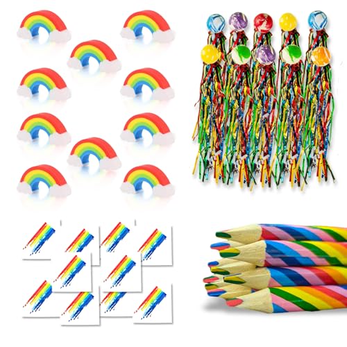 40 Stück Regenbogenstift Set, 10 Regenbogenstifte Kinder 10 Regenbogen Radiergummi 10 Hüpfbälle 10 Regenbogen Tattoo Aufkleber für Kindergeburtstag Gastgeschenke,Regenbogen Deko Kindergeburtstag von Carreuty