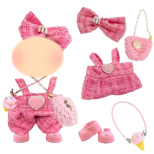 5 Pcs Rosa Puppe Kleidung für 17cm Puppen, Puppe Outfit Zubehör-Sets enthalten 1 Haarspange 1 Lätzchen Hosen 1 Tasche 1 Anhänger 1 Schuhe Junge und Mädchen Puppe von Carreuty
