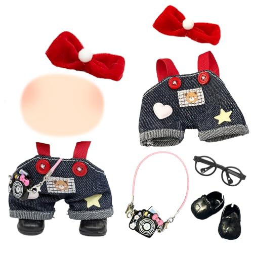 5 Stück 17 cm Mini Plüsch Puppen Kleidung Plüschpuppe Modische Anziehsachen Zubehör mit Bär Denim Latzhose Brille Schleife Haarband Schuhe DIY Kinder Geschenke Mädchen von Carreuty
