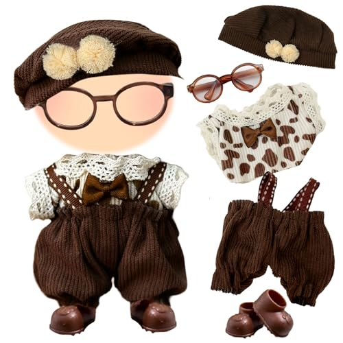 5 Stück Kleidung 17cm Plüsch Puppe, 17cm Braun Puppenkleidung, Bekleidung Outfit Zubehör Einschließlich Tops Latzhose Hut Brille Schuhe Modische Plüsch Puppenkleidung (Ohne Puppe) von Carreuty