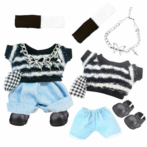 5 Stück Kleidung 17cm Plüsch Puppe, Modische Süße Puppenkleidung Zubehör mit Schwarz Weiß Gestreiftes Oberteil Dreiecksstirnband Jeans Schleifenkette und Schuhe Puppe Kleidung Set für Halloween DIY von Carreuty