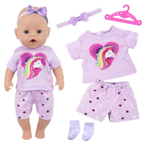 5 Stück Kleidung Outfits für 14-18 Zoll Baby Puppen, 35-45cm Baby Puppenkleidung Outfits1 Kurzarm 1 Shorts 1 Stirnband mit Schleife 1 Kleiderbügel 1 Paar Socken Geburtstagsgeschenk für Mädchen von Carreuty