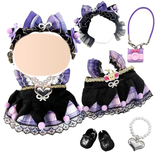5 Pcs Lolita Kleidung für 17cm Plüsch Puppe, lila schwarz Puppe Outfit Zubehör Bogen Kopfbedeckung Rüschen Riemen Rock Trim Schuhe Tasche Halskette Puppe von Carreuty