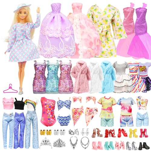 56 Kleidung für Puppen = 1 Fashion Kleid Set 2 Prinzessinnen Kleid 2 Abendkleider Kleider 2 Badenanzug 4 Top Hosen 1 Pyjamas + Schuhe Tasche Kleiderbügel Schmuck Kronen Halskette für 11,5 Zoll Puppen von Carreuty