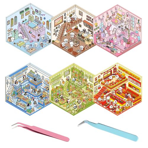 6 Sets DIY 3D Haus Aufkleber, Cartoon 3D Aufkleber Szene mit 2 Pinzette, DIY Szene Aufkleber Kaffee Restaurant Supermarkt Loft für DIY Aufkleber Relief Stress Ornament Geschenk von Carreuty