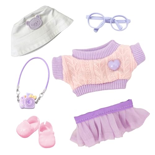 6 Stück Kleidung für 17cm Puppen, T-Shirt mit Herz Tutu-Rock Hut Brille Kamera-Anhänger 1 Paar Schuhe für die 17 cm Mini Plüschpuppe, Nicht im Lieferumfang Enthalten Lila von Carreuty