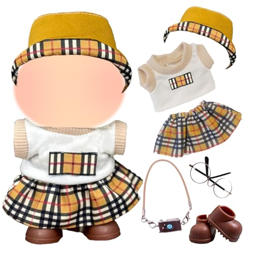 6 Stück Kleidung Kompatibel mit Labu 17cm Puppen, Mini Puppenkleidung Outfit Zubehör mit Gelbe Kariertes Oberteil Rock Hut Brille Kameraanhänger Schuhe für Jungen und Mädchen DIY Puppen Geschenke von Carreuty