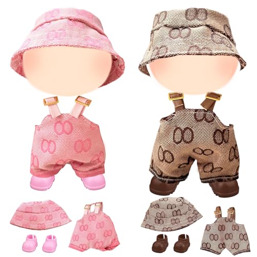 6 Stück Kleidung für 17cm Plüschpuppe Pinke und braune Puppen-Outfit-Sets enthalten 2 Latzhosen 2 Hüte 2 Schuhe, Junge und Mädchen von Carreuty
