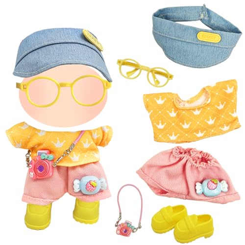 6 Stück Puppenkleidung für 17 cm große Puppen, niedliches lustiges Puppen-Kleidungszubehör-Set mit gelbem Oberteil und rosa Shorts, Schuhe, Kappe, Tasche, Brille, neues Puppen-Outfit für Mädchen und von Carreuty