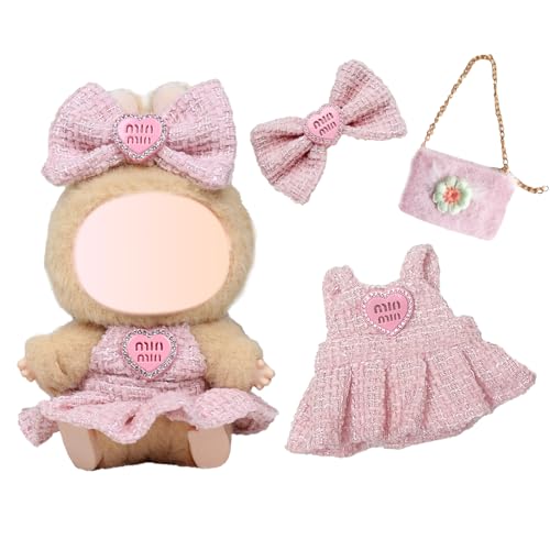 Kleidung Kompatibel mit Labubu Puppen, Kutte Outfit Schleife Clips Tasche nur Bekleidungs für die 17 cm Mini Plüsch Puppen Plüschpuppe, Nicht im Lieferumfang Enthalten (Rosa) von Carreuty