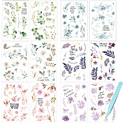 Carreuty 12 Blatt Transferaufkleber Blumen Scrapbooking Sticker, Vintage Rub On Transferaufkleber Blumenblätter-Muster Deko Zubehör für DIY Basteln Scrapbook, Planer, Album,Bullet Journals von Carreuty