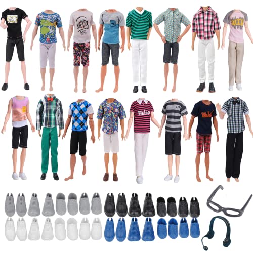 Carreuty 14 Kleidung und Zubehör für Puppen, kompatibel mit Ken, einschließlich 3 Tops, 3 Hosen, 6 Paar Schuhe, 1 Brille und 1 Paar Kopfhörer für 12 Puppen, zufällige Lieferung von Carreuty
