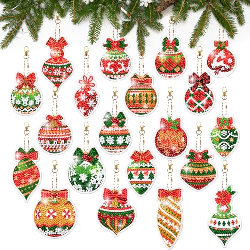 Carreuty 20 Stück Diamond Painting Weihnachten Anhänger, 5D Full Drill Adventskalender, Glänzend Bastelset DIY Basteln Weihnachten Kinder, Weihnachtsbaum Deko von Carreuty