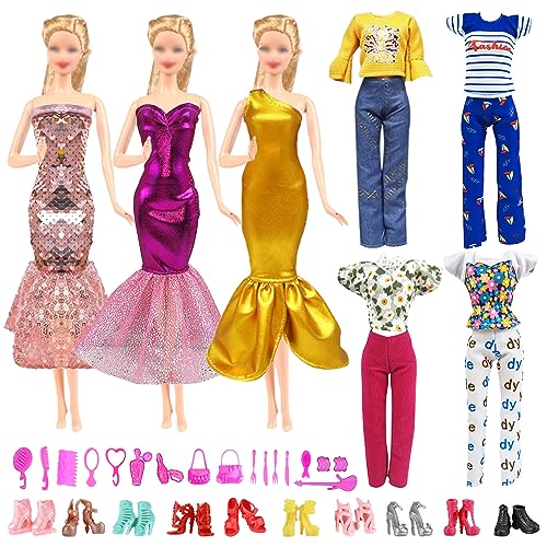37 Kleidung Zubehör Kleider für Barbie Puppen, Puppenzubehör mit 3 Kleid + 4 Oberteile + 4 Hosen + 10 Paar Schuhe + 16 Schmuck Zubehör für 11,5 Zoll Mädchen Puppen von Carreuty