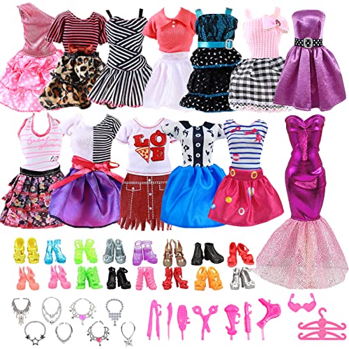 49 Stück Kleidung Kompatibel mit Barbie Puppen, 11 Kleidung + 20 pcs Schuhe + 5 Ketten + 5 Kleiderbügel + 1 Gläser + 7 Friseurset, Schmuck Zubehör Kleider für 11,5 Zoll Mädchen Puppen von Carreuty