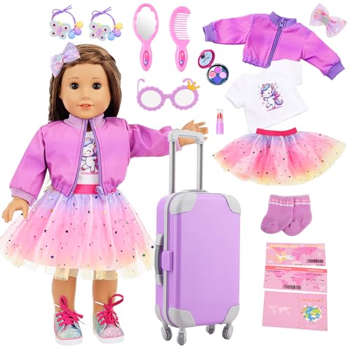 Doll Clothes Kleidung Outfits für Baby Puppen 38-43 cm, Puppen Reisekoffer Set Make-up Spielzeugset Regenbogenrock, Pony Kurzarm, Mantel, Brille, Haarnadeln, Reisepass Puppen Kleidung (Keine Schuhe) von Carreuty