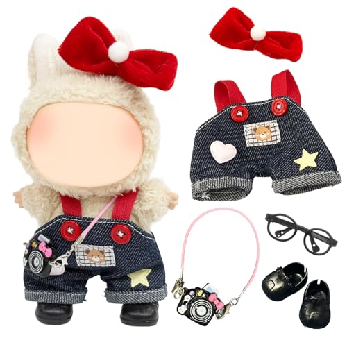 Kleidung Kompatibel mit Labubu Puppen, 17 cm Mini Plüsch Puppen Plüschpuppe Modische Anziehsachen Zubehör mit Bär Denim Latzhose Brille Schleife Haarband Schuhe DIY Kinder Geschenke Mädchen von Carreuty