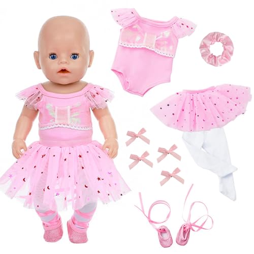 Kleidung Outfits für 12-18 Zoll Baby Puppen, Rosa Ballett Puppen Kleidung mit Jumpsuit Tüll Kleid Strumpfhose Ballett Schuhe Haarband Haarspange für 30-45 cm Neu Baby Puppe Kleidung Mädchen Geschenk von Carreuty