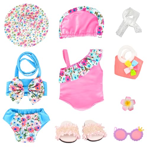 Kleidung Outfits für Baby Puppen, 10 Puppenkleider Cute Badeanzug Set Puppenzubehör für 35 cm 32cm 36cm Puppen mit Badeanzug Hüte Hausschuhe Sonnenbrillen Handtaschen Haarspange 14–18 Zoll Puppen von Carreuty