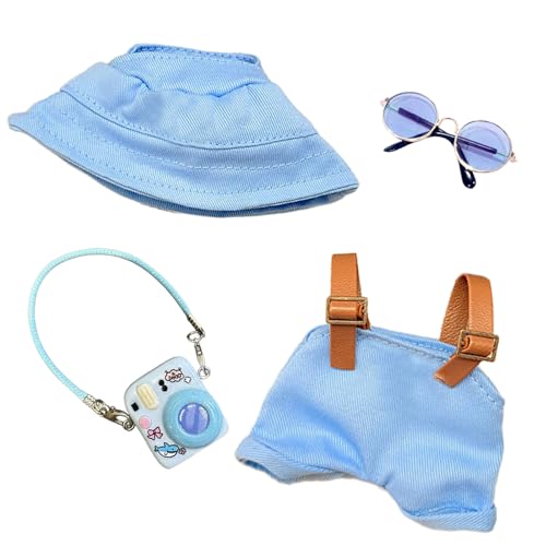 Kleidung für 17cm Puppen, Overall mit verstellbaren Trägern Mütze Brille Kamera-Anhänger für die 17 cm Mini Plüschpuppe, Nicht im Lieferumfang Enthalten Blau von Carreuty