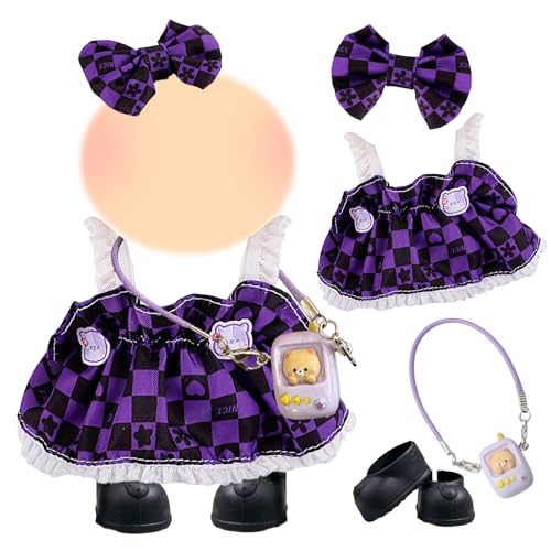 4 Stück 17cm Mini Puppen Kleidung Set, 17cm Plüsch Puppen Süße Puppenkleidung Zubehör mit Lila Kariertes Strapskleid Haarnadel Handyanhänger Schuhe für Jungen und Mädchen DIY Puppen Geschenke von Carreuty