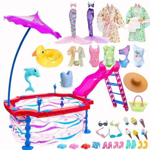 Puppe Kleidung und Zubehör, Puppe Pool mit Rutsche und Accessoires Meerjungfrauenrock Hawaii Badeanzug Bikini Schwimmring Puppen Meerjungfrau Schwimmset für 11,5 Zoll Puppen, für Kinder ab 3 Jahren von Carreuty