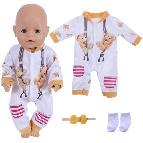 Puppenkleidung für 12-18 Zoll Baby Puppen, Kleidung Outfits für 35-45 cm Puppen, 4 Stück Puppenzubehör Bären Bodysuit mit Socke, Fliege Kopfschmuck, Geschenke für Mädchen Puppenkleidung für 12-18 Zoll Baby Puppen, Kleidung Outfits für 35-45 cm Puppen, 4 Stück Puppenzubehör Bären Bodysuit mit Socke, Fliege Kopfschmuck, Geschenke für Mädchen von Carreuty