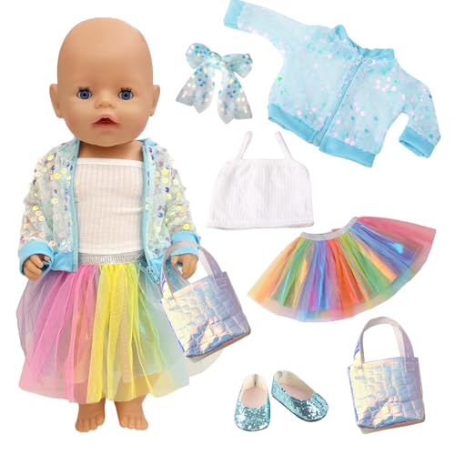 Puppenkleidung für 14 16 17 18 Zoll Baby Puppen 6 Stück Kleidung Outfits Kleid Leibchen Paillettenjacke Stirnband Schuhe Tasche für 35-45 cm Neugeborene Baby Puppen Mädchen Geburtstagsgeschenk von Carreuty