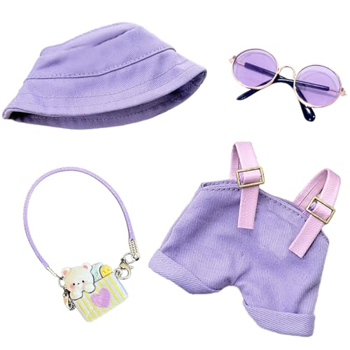 Puppenkleidung für 17cm Puppen, Overall mit verstellbaren Trägern Mütze Brille Liebesbär-Anhänger für die 17 cm Minipuppe, Puppen Nicht im Lieferumfang Enthalten, Lila von Carreuty