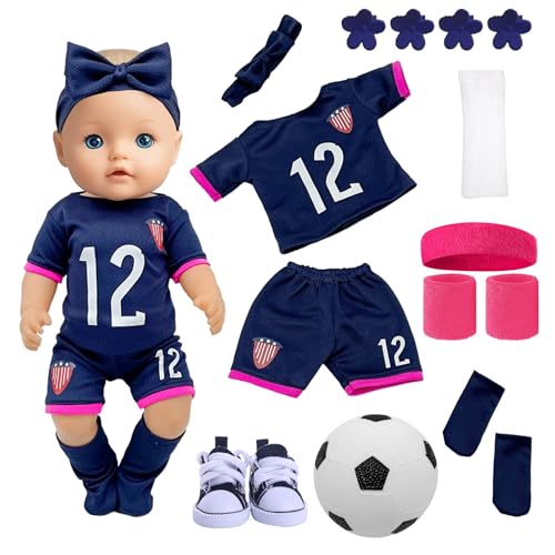 Puppenkleidung für 35-45 cm Baby Puppen, Fußball Baby Kleidung mit Kurzen Ärmeln Shorts Stirnband Ballspiel Schuhe Haarspangen Ärmel für 14-18 Zoll Neugeborene Baby Puppen Kinder Geburtstag von Carreuty