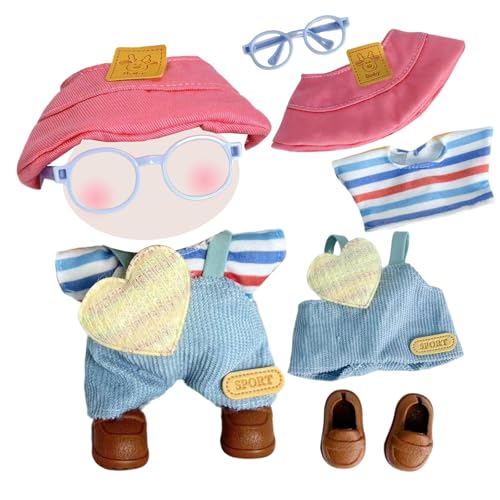 Puppenkleidung und Zubehör für 17 cm große Puppen, 17 cm Puppen-Outfit-Sets, süße Freizeitkleidung, inklusive 1 Hut, 1 Oberteil, 1 Overall, 1 Brille, 1 Schuhe, Junge Mädchen für beste Geschenke (keine von Carreuty