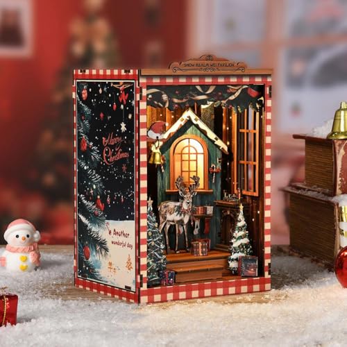 Winter Wonderland mit Rentier, DIY Weihnachten Buchecke, Puppenhaus Miniatur Kit Holz Buchstützen Gebäude Modell Puzzle mit LED Licht, 3D Holzpuzzle Buchstütze Bücherregal Einsatz Dekor von Carroterr