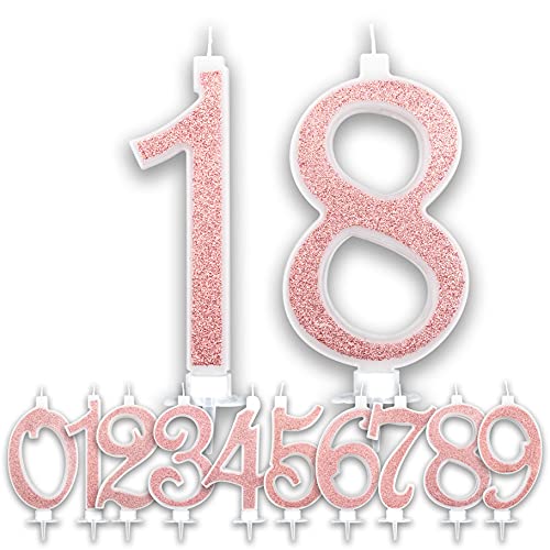 Große Kerzen 18 Jahre Rosa Gold Glitter für Kuchen Party Geburtstag Mädchen | Dekoration Kerzen Glückwunschkarte Jahrestag Torte | Höhe 13 cm von CartaIn Net