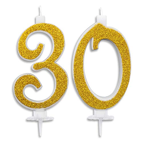 Maxi-Kerzen, 30 Jahre, für Tortenpartys, Geburtstage, 30 Jahre, Dekoration, Glückwunschkerzen, Jahrestag, Tortenparty, Höhe 13 cm, Glitzer blau oder gold (Gold) von CartaIn Net