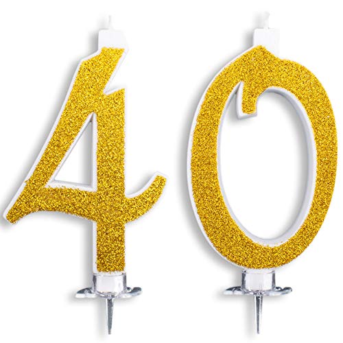 Maxi-Kerzen 40 Jahre für Kuchen Party Geburtstag 40 Jahre | Dekoration Kerzen Glückwunschkarte Jahrestag Torte 40 | Themenparty | Höhe 13 cm Gold Glitter von CartaIn Net