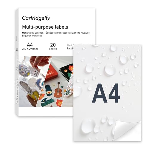Cartridgeify 20 Blatt A4 Vinyl Sticker Papier, Aufkleberfolie Bedruckbar, Weiß, Selbstklebend Wasserfest Aufkleber Etikette, Vinylaufkleber für Tintenstrahldrucker Laserdrucker Cartridgeify 20 Blatt A4 Vinyl Sticker Papier, Aufkleberfolie Bedruckbar, Weiß, Selbstklebend Wasserfest Aufkleber Etikette, Vinylaufkleber für Tintenstrahldrucker Laserdrucker von Cartridgeify