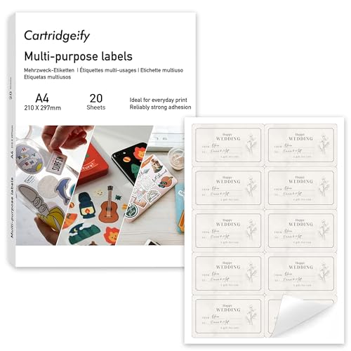 Cartridgeify Universal Etiketten, 20 Blatt, 56 x 95 mm, 10 pro A4-Blatt, 200 Stück, mattes Blankopapier, selbstklebende bedruckbare Etiketten-Aufkleber, weiß von Cartridgeify