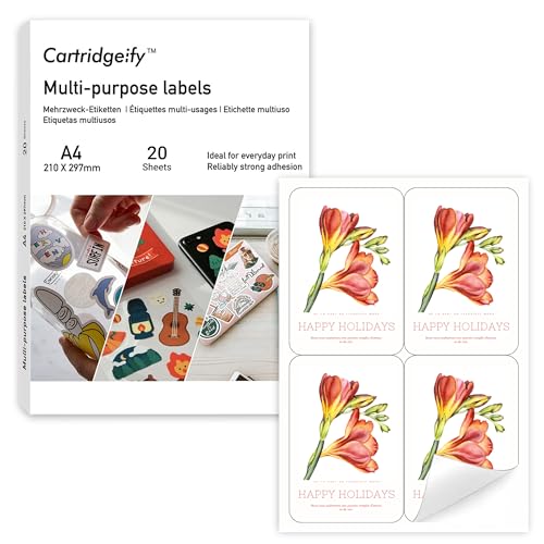 Cartridgeify Universal Etiketten, 20 Blatt, 96 x 140 mm, 4 pro A4-Blatt, 80 Stück, mattes Blankopapier, selbstklebende bedruckbare Etiketten-Aufkleber, weiß von Cartridgeify